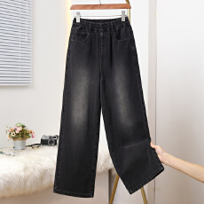 批发实拍2026春款大码<b class='q'>松紧</b>腰宽松窄版直筒牛仔女长裤胖MM显瘦高腰裤