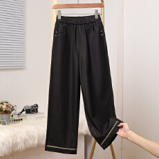 批发实拍2026春款大码刺绣直筒牛仔九分女裤胖MM显瘦<b class='q'>松紧</b>腰高腰女裤