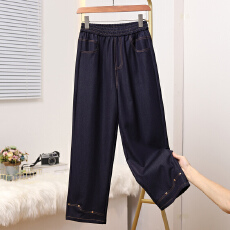 批发实拍2026春新款大码韩版直筒牛仔九分女裤胖MM显瘦<b class='q'>松紧</b>腰高腰女裤