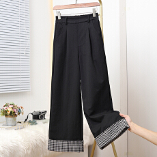 批发实拍2026春新款<b class='q'>大码</b>弹力直筒格子<b class='q'>西装</b>阔腿女裤胖MM垂坠感长裤