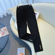 批发实拍春新款<b class='q'>大码</b>松紧腰修身小脚女长裤黑色胖MM显瘦弹力外穿休闲裤