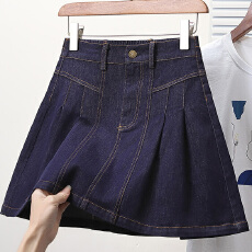 批发实拍<b class='q'>夏</b>新款大码宽松加内衬防走光牛仔半身裙胖MM松紧腰百褶A字裙