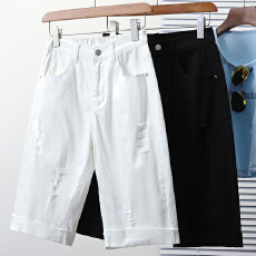 批发实拍夏款大码弹力破洞哈伦五分牛仔裤胖MM高腰松紧腰休闲中裤