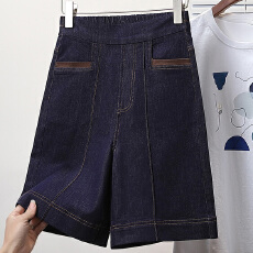 批发实拍<b class='q'>夏</b>新款大码宽松阔腿休闲松紧腰牛仔五分裤胖MM高腰显瘦女中裤