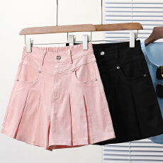 批发实拍夏新款大码宽松百褶牛仔短裤胖MM显瘦裙裤洋气休闲女热裤