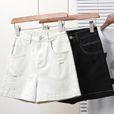 批发实拍夏款大码欧版时尚破洞牛仔短裤胖MM显瘦松紧腰加大加肥四分裤