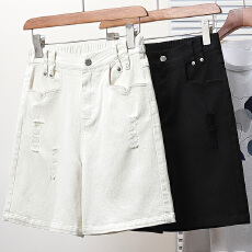 批发实拍夏款大码宽松破洞五分牛仔裤胖MM弹力松紧腰显瘦中裤休闲短裤