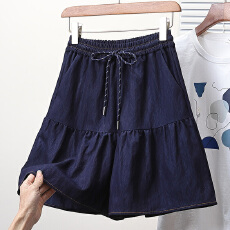 批发实拍夏新款大码松紧腰宽松五分牛仔裤胖MM天丝阔腿韩版休闲裙裤