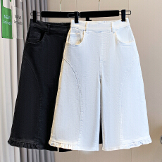 批发实拍夏新款大码松紧腰七分阔腿直筒牛仔<b class='q'>裤</b>胖MM高腰弹力休闲女中<b class='q'>裤</b>