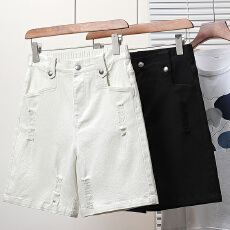 批发实拍夏新款大码宽松破洞五分牛仔裤胖MM休闲显瘦弹力阔腿中裤<b class='q'>短裤</b>