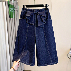 批发实拍夏新款薄款大码宽松阔分七分<b class='q'>牛仔裤</b>胖MM高腰<b class='q'>松紧</b>腰显瘦女中裤