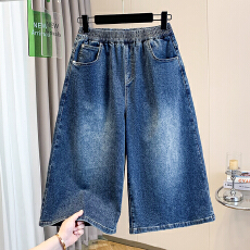 批发实拍<b class='q'>夏</b>新款大码松紧腰宽松阔腿弹力七分女裤胖MM遮肚显瘦薄款中裤