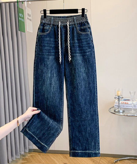 실사 가을 새로운 빅 사이즈 청바지 여성 좁은 에디션 와이드 레그 팬츠 지방 mm 바지 루즈핏 스트레이트 하이웨이스트 허리밴드