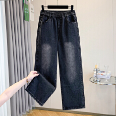 批发实拍秋款<b class='q'>大码</b>松紧腰宽松窄版直筒牛仔女长裤胖MM显瘦高腰裤