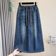 批发实拍秋新款<b class='q'>大码</b>松紧腰弹力宽松A字牛仔中裙胖MM显瘦弹力中长款裙