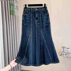 批发实拍秋新款<b class='q'>大码</b>弹力宽松鱼尾牛仔长裙胖MM松紧腰韩版高腰半身裙