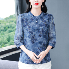 批发冰丝<b class='q'>碎花</b>中袖<b class='q'>衬衫</b>女2026春夏新款桑花绉印花宽松显瘦洋气上衣T恤