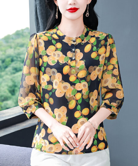 얼음 실크 꽃무늬 중간 소매 여성 셔츠 2026 봄 여름 새로운 상 꽃 크레이프 프린트 루즈핏 슬림해 보이는 외국 가스 맨위 티셔츠
