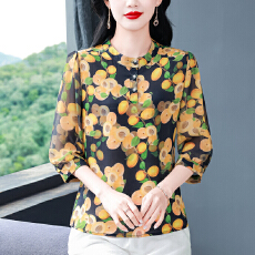 批发冰丝<b class='q'>碎花</b>中袖<b class='q'>衬衫</b>女2026春夏新款桑花绉印花宽松显瘦洋气上衣T恤
