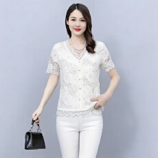 批发短袖V领蕾丝T恤女款2026春夏新款轻奢洋气显瘦<b class='q'>打底衫</b>