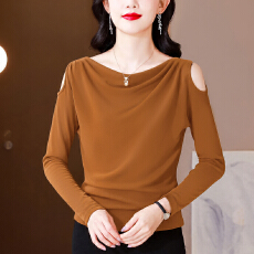 批发时尚露肩堆堆领长袖T恤女2026秋季新款洋气宽松显瘦遮肉百搭上衣