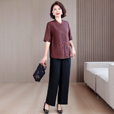 批发2025夏季国风新款中年<b class='q'>妈妈装</b>改良休闲复古时尚绣花套装