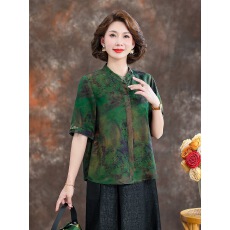 批发2025<b class='q'>夏季</b>国风新款中年<b class='q'>妈妈装</b>改良旗袍复古盘扣时尚印花上衣