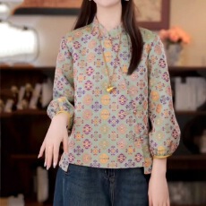 批发原版女装2025新中式唐装<b class='q'>春</b>秋新款七分袖蜀锦国风衬衣国风盘扣上衣