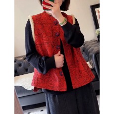 批发马甲<b class='q'>背心</b>女2025年秋季新款中式坎肩外套中老年提花<b class='q'>真丝</b>盘扣上衣