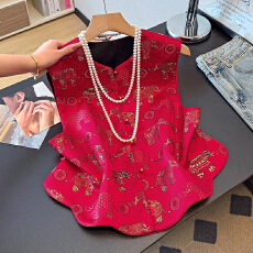 批发实拍新年中式提花气质马夹背心女2026春季新品别致盘扣马甲双面穿