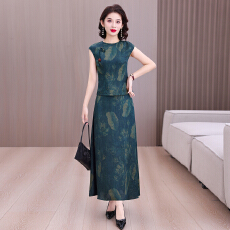 批发2025夏季国风新款<b class='q'>中年</b><b class='q'>妈妈</b>装改良旗袍复古时尚冰丝香云纱套装