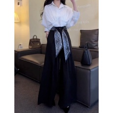 批发黑色<b class='q'>雪纺</b>秋款丝巾压褶西装裤女高腰拖地休闲阔腿裤子2025夏季新款