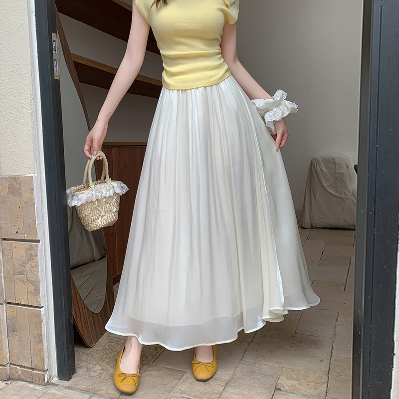 한 부서 부드러운 바람 깃발 원사 높은 허리 치마 2025 여름 새로운 슬림 와일드 한 마디 큰 진자 롱 스커트 여성