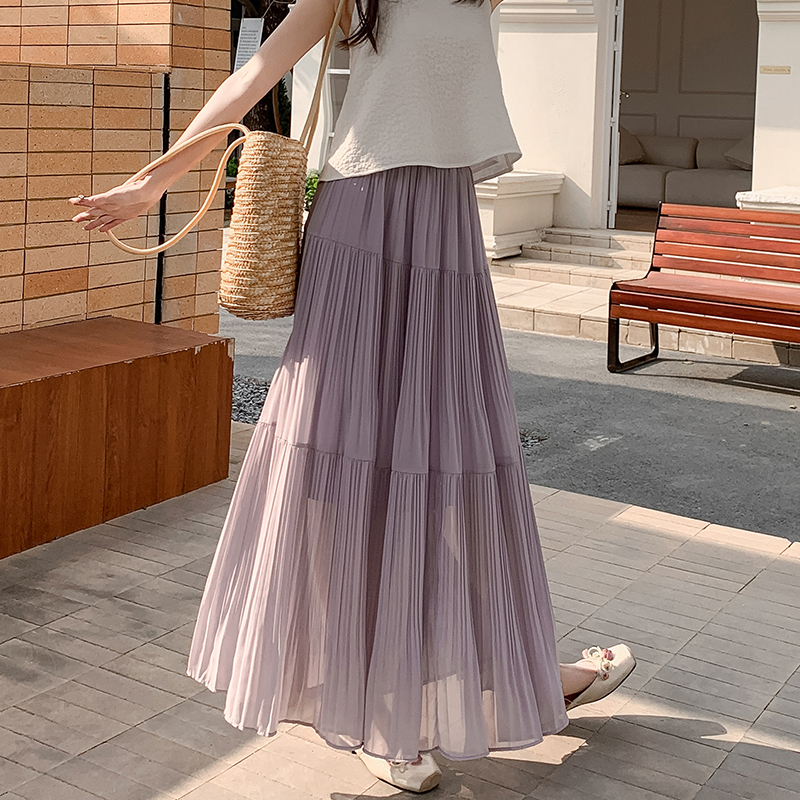 실사 높은 품질 플리츠 반신 스커트 봄 여름 부드러운 바람 디자인 큰 진자 한 마디 롱 스커트 플리츠 반신 스커트