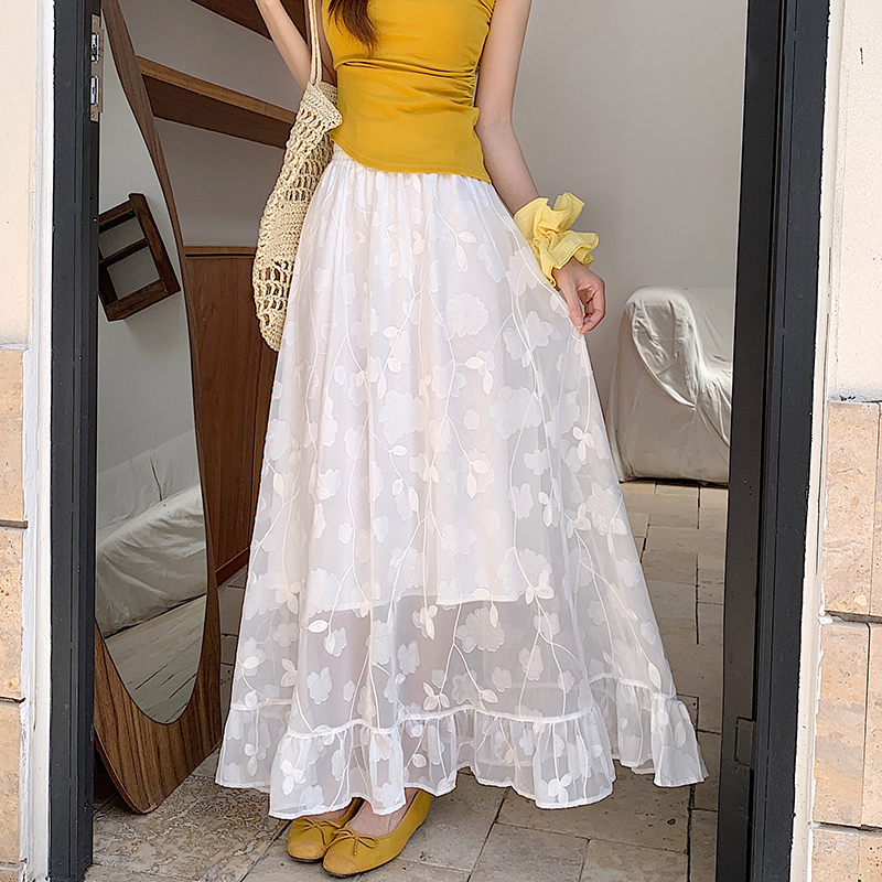 자카드 공예 무거운 작업 자수 꽃 레이스 레이스 화이트 반신 스커트 여성 하이웨이스트 루즈핏 큰 진자 우산 치마