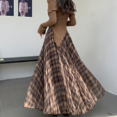 批发秋冬新款复古格纹网纱不规则半身裙显瘦垂感层次中长款A字长裙女