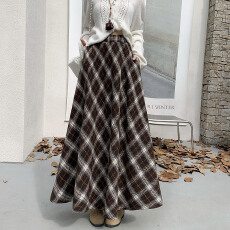 批发毛呢伞裙半裙复古格纹半身裙女秋冬2025新款中长款A字裙大摆长裙