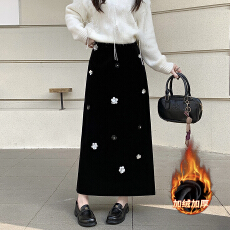 批发2025年秋冬高定手工坊立体定位定珠 <b class='q'>黑色</b>直筒丝绒开叉<b class='q'>半身裙</b>