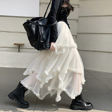 批发法式高腰不规则荷叶边网纱拼接<b class='q'>半身裙</b>女秋冬新款飘逸感蛋糕长裙
