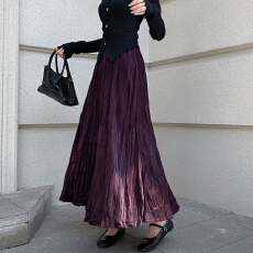 批发实拍褶皱烫钻丝绒半身<b class='q'>裙</b>简约肌理感压折大摆<b class='q'>裙</b>宽松A字半<b class='q'>裙</b>中长款