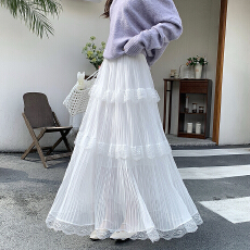 批发白色蕾丝拼接半身裙女2026春夏新款显瘦a字<b class='q'>长裙</b>蛋糕裙网纱蓬蓬裙
