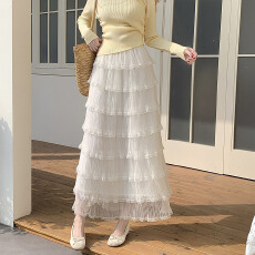 批发甜美<b class='q'>蕾丝</b>花边拼接蛋糕裙网纱半身裙女长款高腰a字蓬蓬裙气质长裙