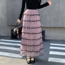 批发小香风紫色垂感纱裙半身裙女春2026新款超火半裙长款蓬蓬蛋糕裙子