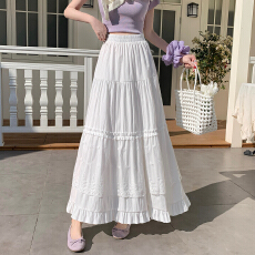 批发蕾丝花边白色半身裙女2026春新款木耳边高腰休闲a字长款蛋糕裙子