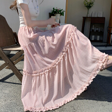 批发韩系气质粉色波点百搭长款半身裙女2026春夏新显瘦雪纺蛋糕长裙