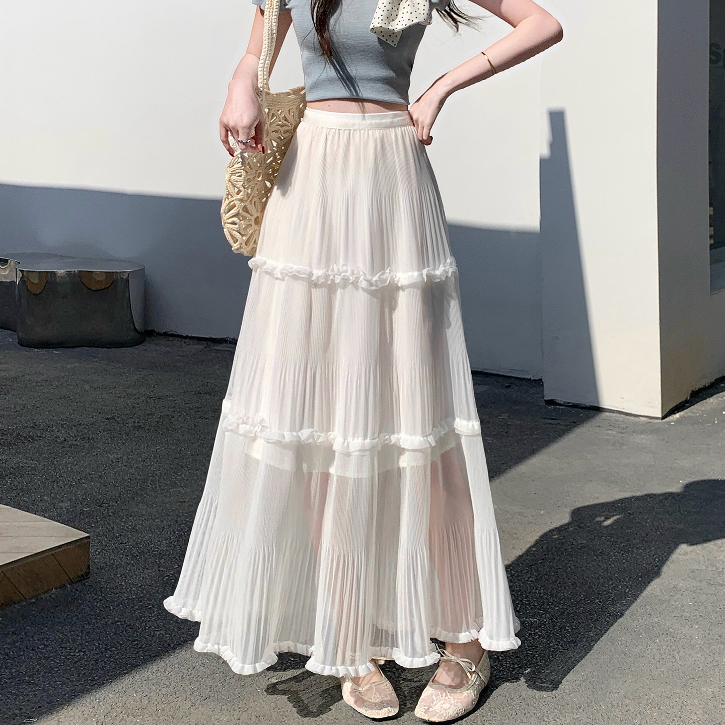 한 부서 프릴 주름 달콤함 반신 스커트 휴가 사진 찍기 롱 스커트 분위기 센스 봄 여름 부서 치마