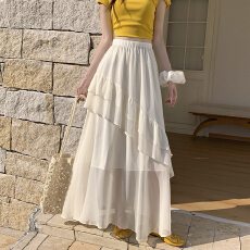 批发2026春季纯色荷叶边A字裙半身裙中长裙潮流宽松百搭显瘦<b class='q'>雪纺</b>长裙