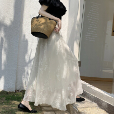 批发莱赛尔天丝重工盘花刺绣高级感蕾丝直筒裙松紧腰A摆<b class='q'>半身</b>裙<b class='q'>长裙女</b>