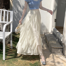 批发不规则荷叶边蕾丝半身裙女夏新款高腰垂感梨型温柔气质a字大摆裙