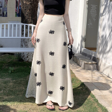 批发<b class='q'>亚麻</b>刺绣蕾丝拼接半身裙女2026夏新款a字中长款设计感裙子